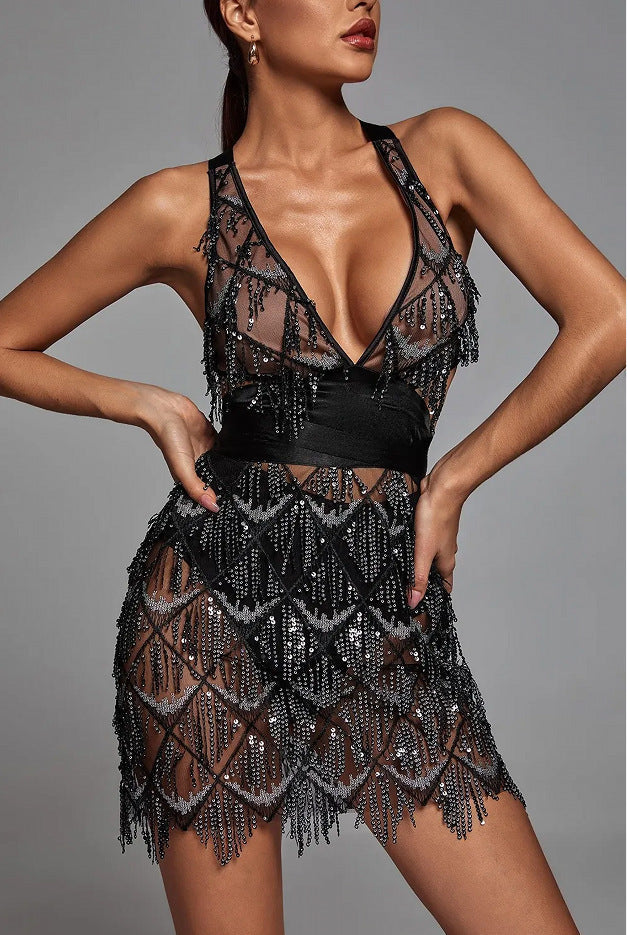 Robe Midi à Paillettes et Franges avec Col en V pour Femmes | Idéale pour les Soirées et Événements