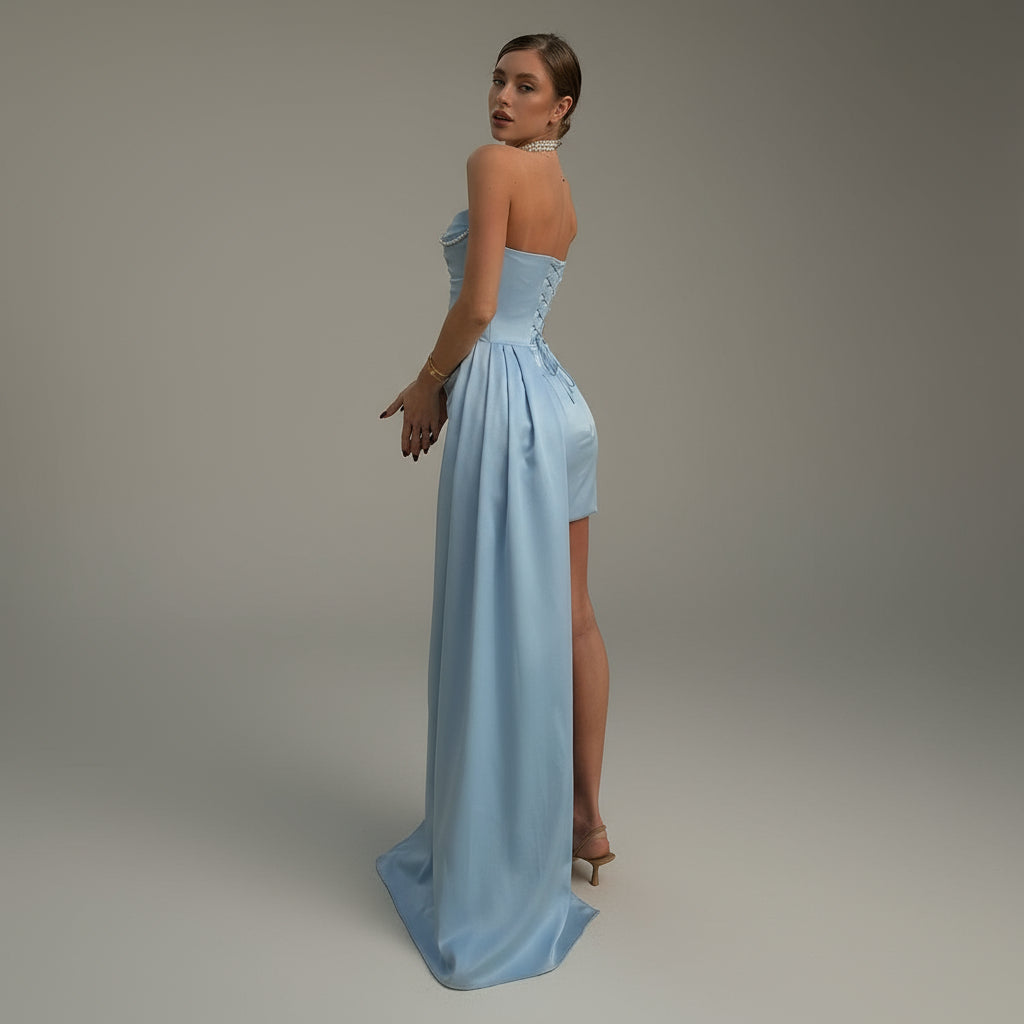 Robe Longue Sans Bretelles avec Dos en Dentelle et Détails Perlés pour Femme | Idéale pour les Événements Formels