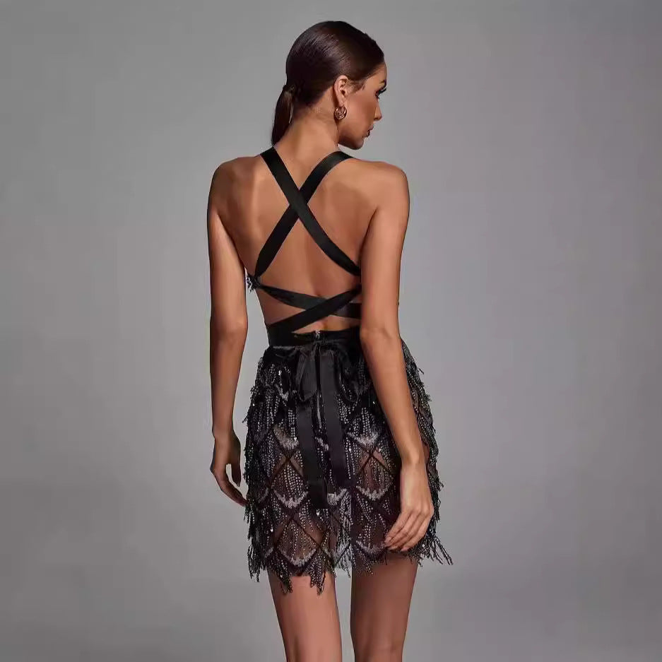 Robe Midi à Paillettes et Franges avec Col en V pour Femmes | Idéale pour les Soirées et Événements