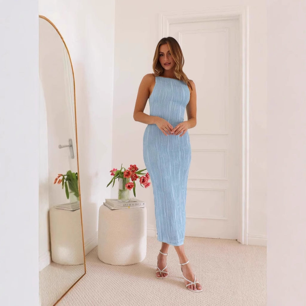 Robe Midi Sans Manches Avec Dos Ouvert Et Texture Ondulée Pour Femmes | Idéal Pour Soirées Et Occasions Spéciales
