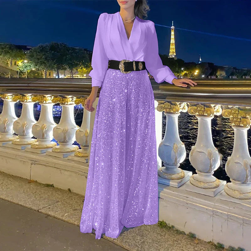 Ensemble avec Haut à Col en V et Pantalon Large pour Femme | Idéal pour la Maison ou les Sorties