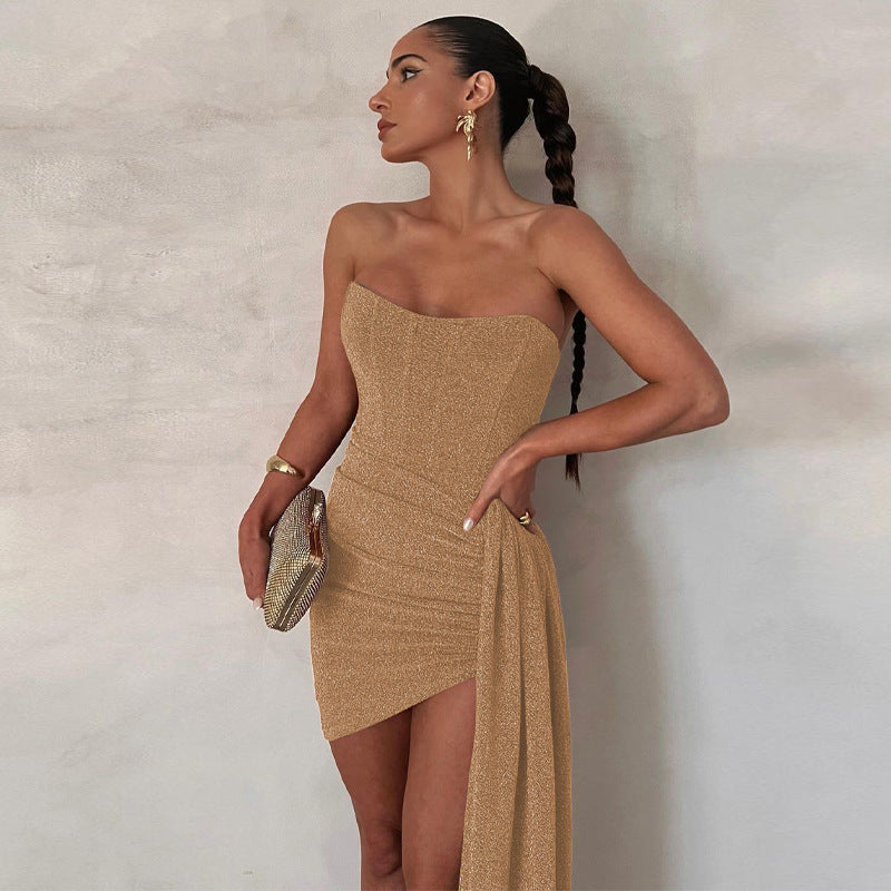 Robe Mini Sans Bretelles avec Taille Drapée Asymétrique pour Femme | Idéale pour les Soirées