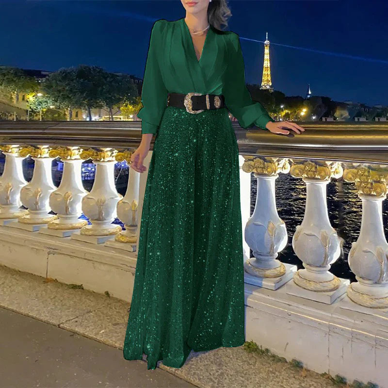Ensemble avec Haut à Col en V et Pantalon Large pour Femme | Idéal pour la Maison ou les Sorties