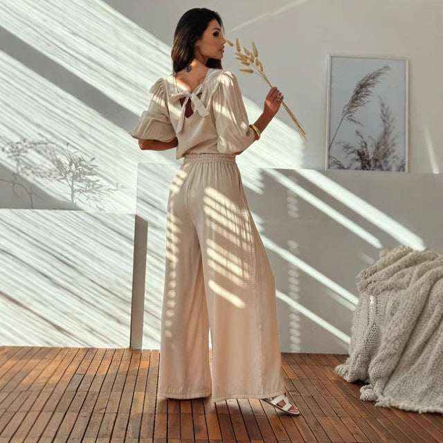 Ensemble Deux Pièces avec T-Shirt À Nœud Dans Le Dos Et Pantalon Large À Poches pour Femme | Idéal pour Le Printemps Et L’Été