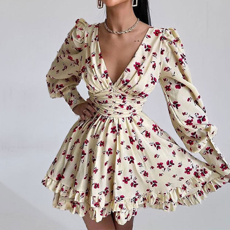 Robe Courte À Manches Amples Avec Motif Floral Et Col V Pour Femme | Idéale Pour Occasions Et Sorties