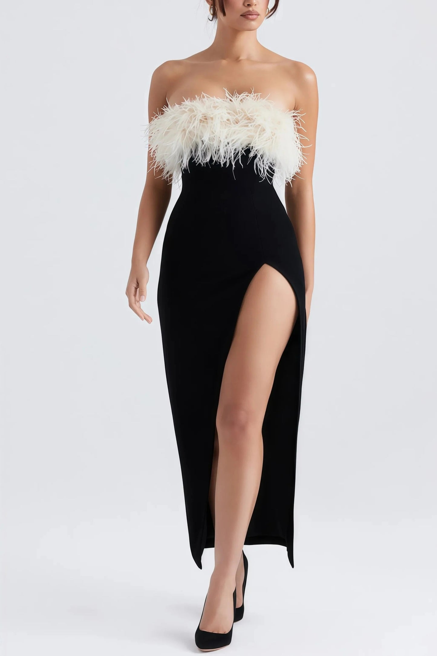 Robe Midi avec Fente Haute et Détails Plume pour Femme | Idéale pour les Soirées et Événements
