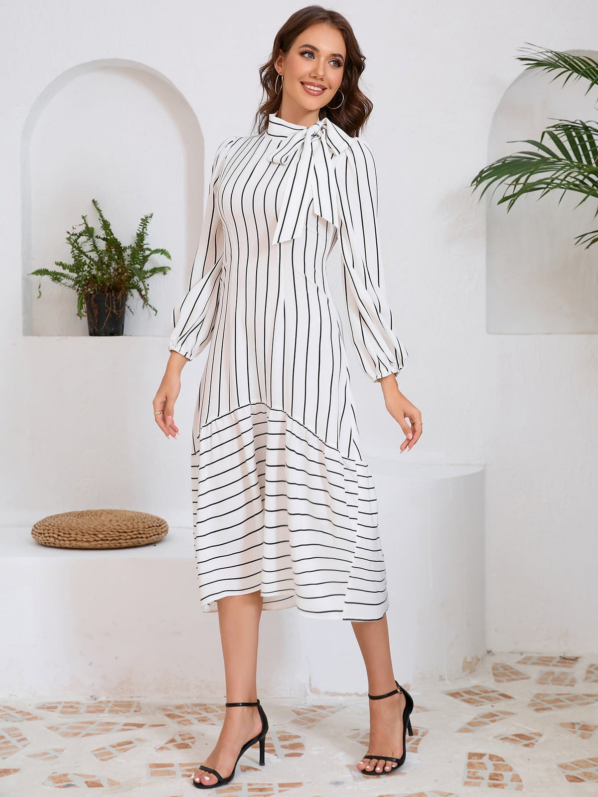 Robe Midi À Col Montant Avec Détail Nœud Et Manches Longues Pour Femme | Idéal Pour Usage Quotidien Et Occasions