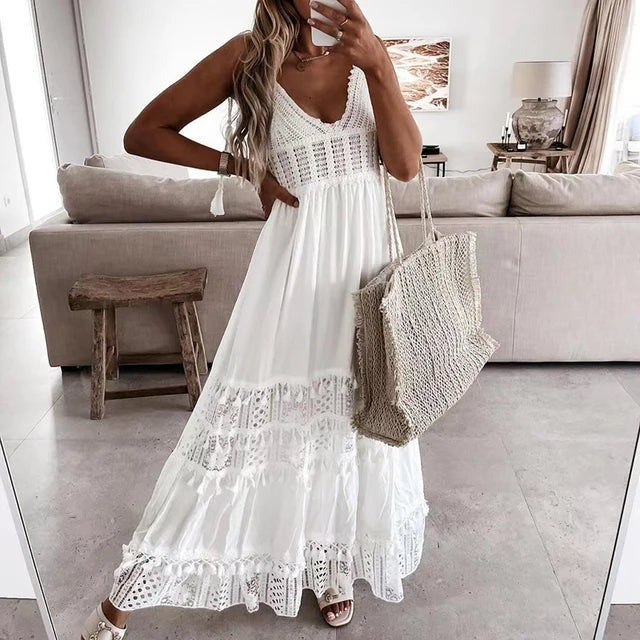 Robe Longue Femme | Col V Élégant | Détail en Dentelle | Coupe Fluide