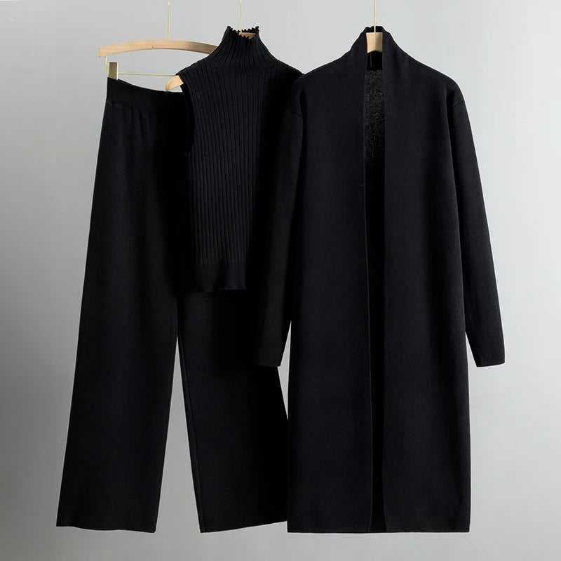 Ensemble Trois Pièces avec Top, Pantalon et Long Manteau pour Femmes | Idéal pour le Travail et les Occasions Formelles