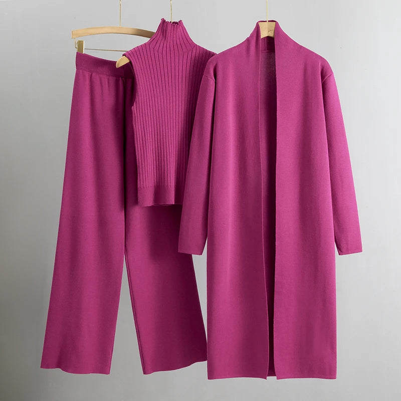 Ensemble Trois Pièces avec Top, Pantalon et Long Manteau pour Femmes | Idéal pour le Travail et les Occasions Formelles