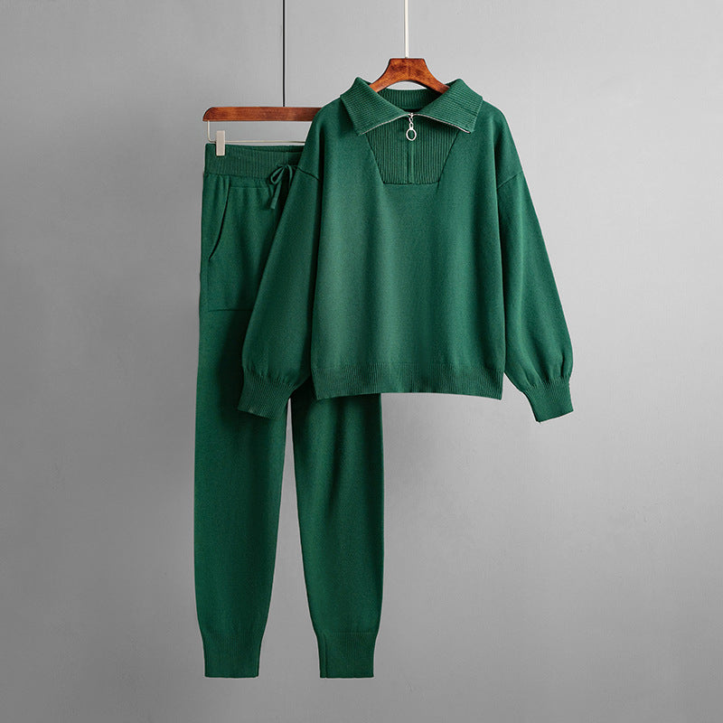 Ensemble Deux Pièces En Maille avec Haut Zippé Et Pantalon À Cordon pour Femme | Idéal pour L’Automne Et L’Hiver