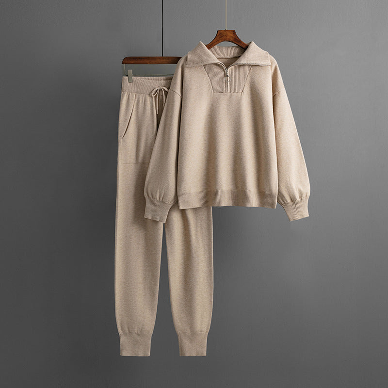 Ensemble Deux Pièces En Maille avec Haut Zippé Et Pantalon À Cordon pour Femme | Idéal pour L’Automne Et L’Hiver