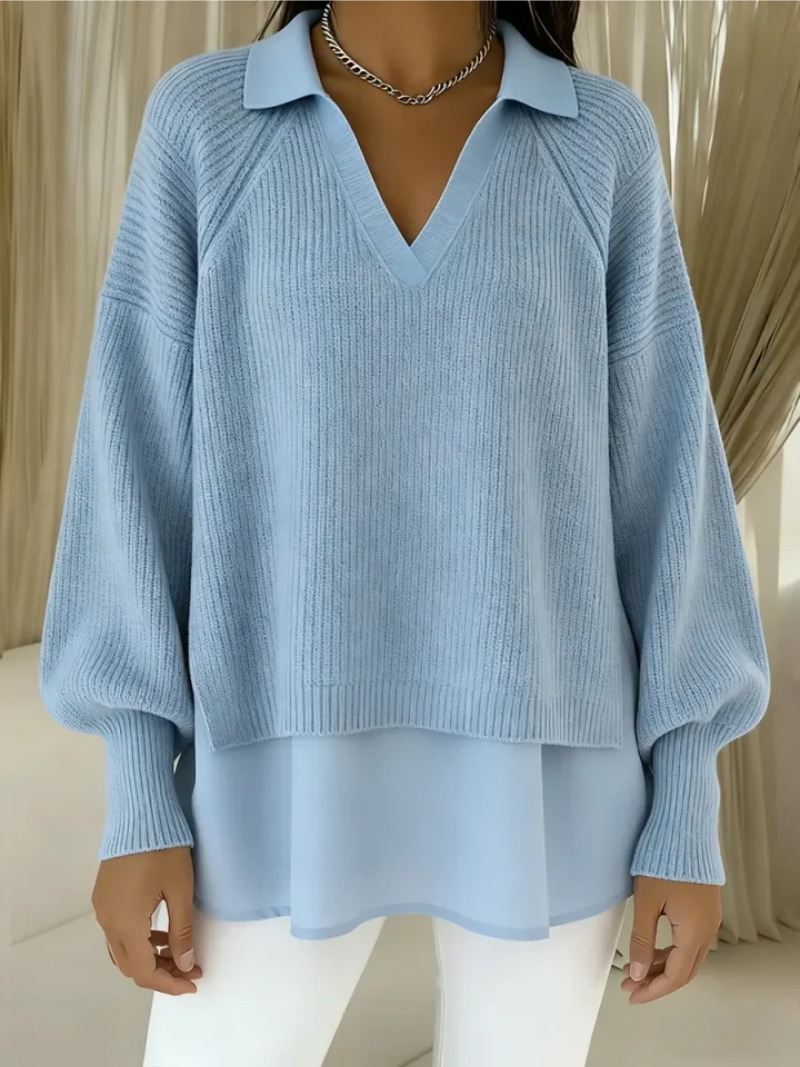 Pull à Manches Longues avec Col en V et Détail de Col pour Femme | Idéal pour la Mi-Saison