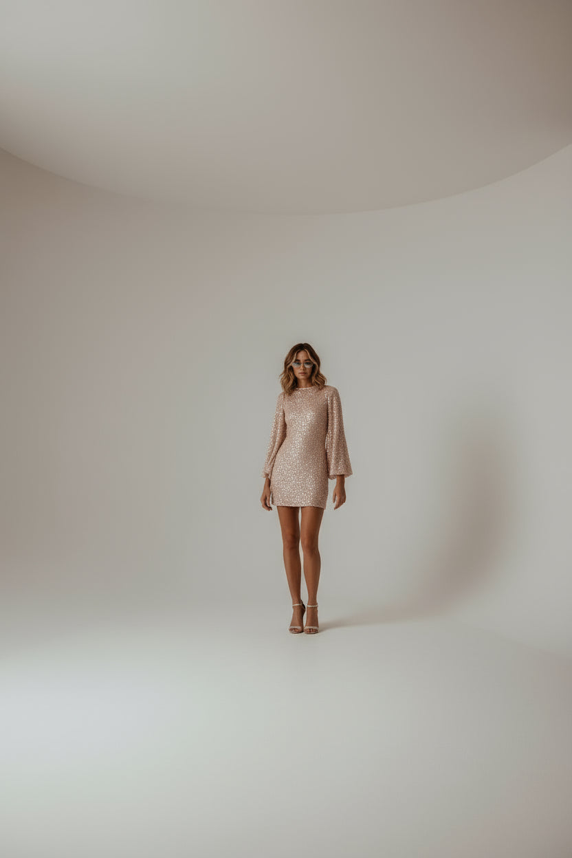 Robe Mini à Paillettes avec Manches Longues Volumineuses pour Femme | Idéale pour les Soirées et Occasions Festives