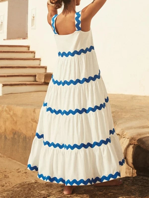 Robe Longue Blanche à Motifs Vagues Bleues pour Femme | Idéale pour les Journées d'Été