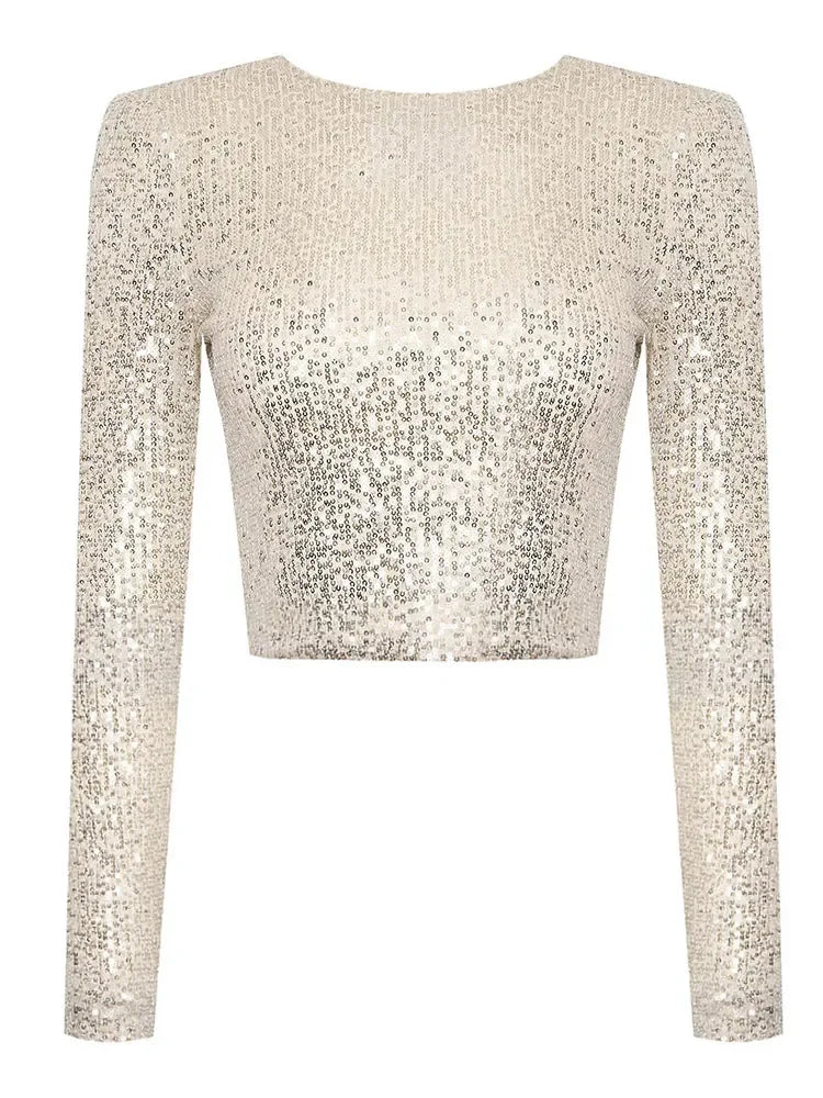 Haut Court à Manches Longues avec Détails à Sequins pour Femme | Idéal pour les Soirées et Sorties