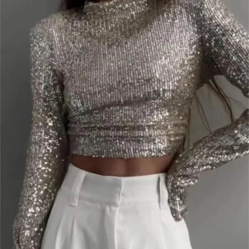 Haut Court à Manches Longues avec Détails à Sequins pour Femme | Idéal pour les Soirées et Sorties