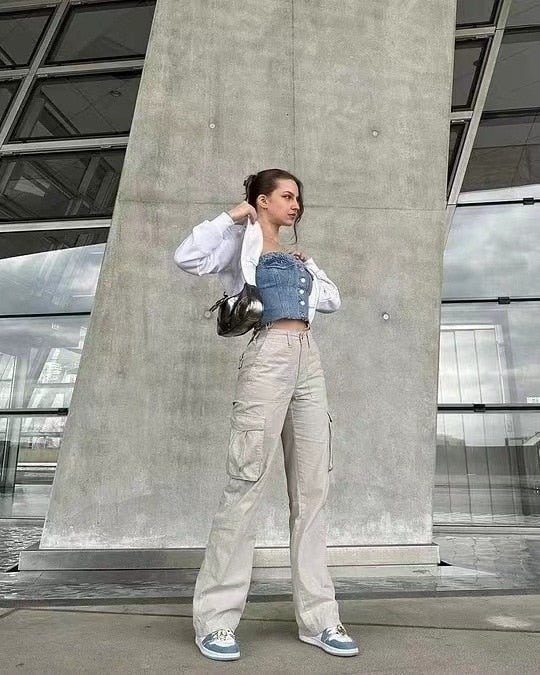 Pantalon Cargo à Taille Haute avec Poches Latérales pour Femme | Idéal pour Tenues Urbaines