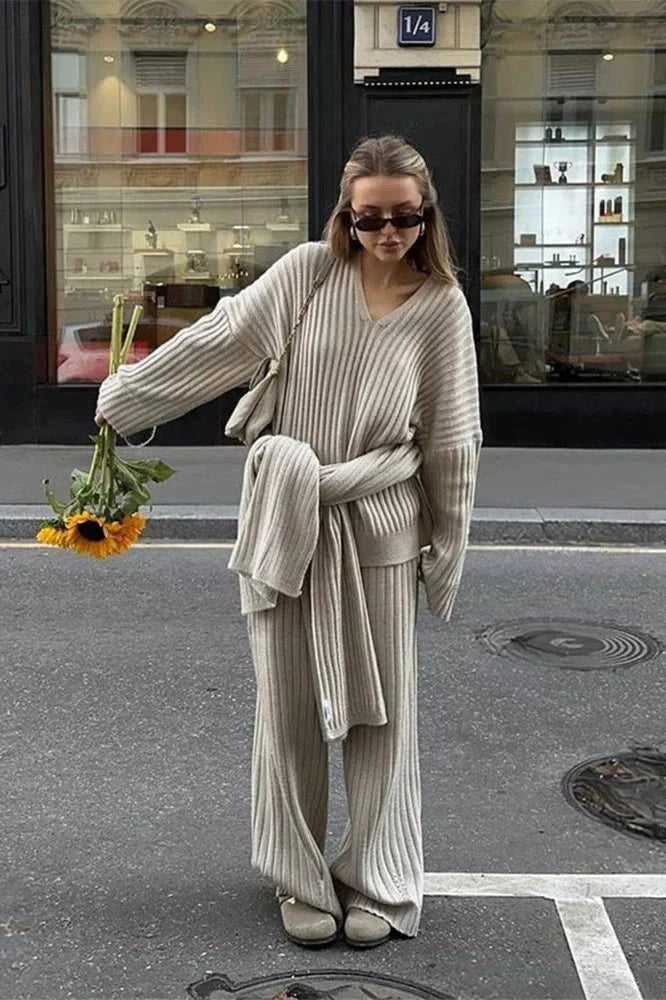 Ensemble En Maille Côtelée avec Pull Col Montant Et Pantalon Large pour Femme | Idéal pour L’Automne Et L’Hiver