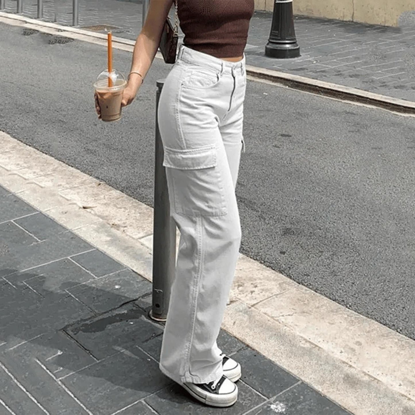 Pantalon Cargo à Taille Haute avec Poches Latérales pour Femme | Idéal pour Tenues Urbaines