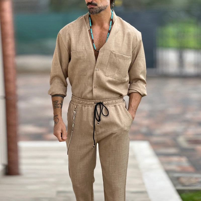 Ensemble avec Chemise Boutonnée Et Pantalon Long pour Homme | Idéal pour L’Été