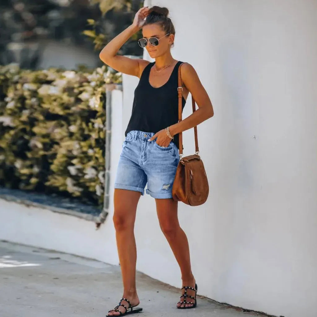 Shorts en Jean avec Taille Haute et Ourlet Replié pour Femme | Idéaux pour l’Été et les Sorties Décontractées