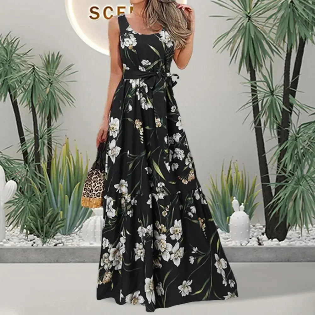 Robe Maxi Noire à Motif Floral pour Femme | Idéale pour l'Été