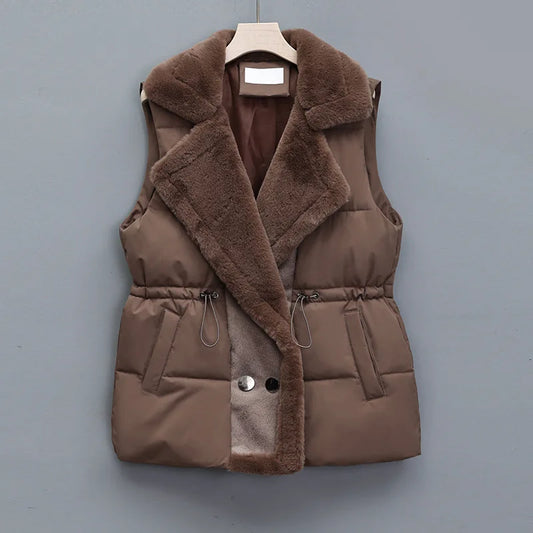 Gilet Matelassé à Col Imitation Fourrure pour Femme | Idéal pour la Saison Froide