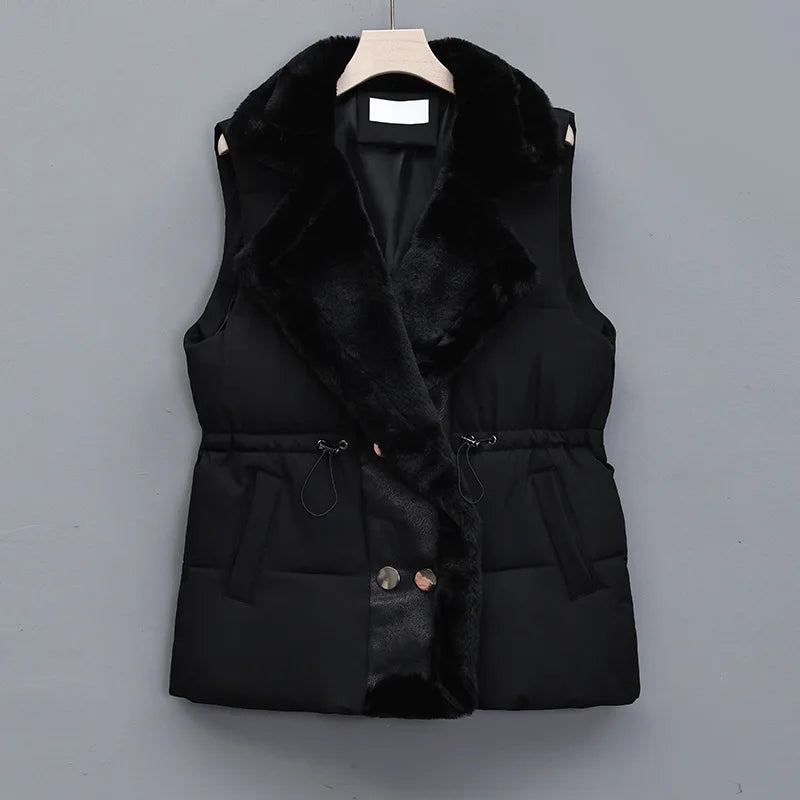 Gilet Matelassé à Col Imitation Fourrure pour Femme | Idéal pour la Saison Froide