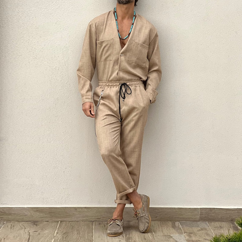 Ensemble avec Chemise Boutonnée Et Pantalon Long pour Homme | Idéal pour L’Été