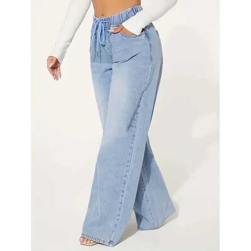 Jean Baggy Femme à Taille Haute avec Cordon Ajustable | Idéal pour un Usage Quotidien