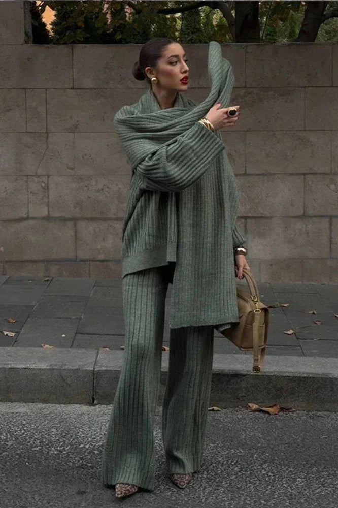 Ensemble En Maille Côtelée avec Pull Col Montant Et Pantalon Large pour Femme | Idéal pour L’Automne Et L’Hiver