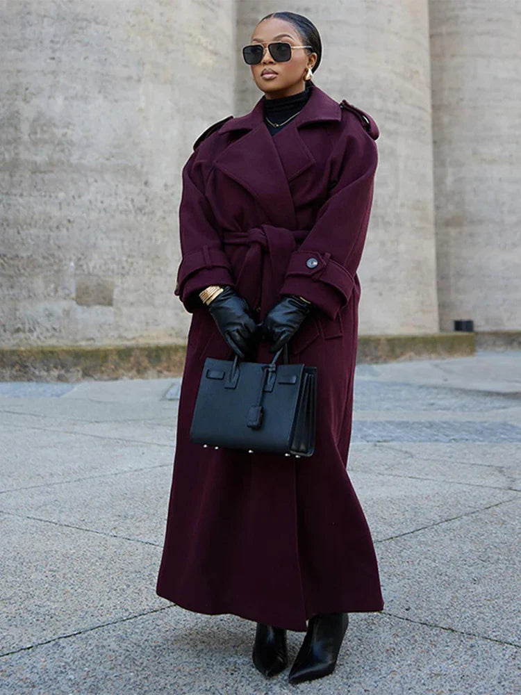 Manteau Long à Col Revers avec Double Boutonnage et Ceinture pour Femme | Idéal pour l’Automne et l’Hiver