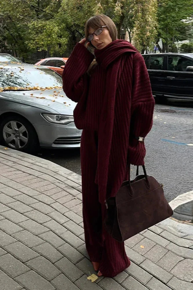 Ensemble En Maille Côtelée avec Pull Col Montant Et Pantalon Large pour Femme | Idéal pour L’Automne Et L’Hiver