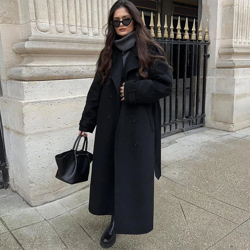 Manteau Long à Col Revers avec Ceinture et Double Boutonnage pour Femme | Idéal pour l’Automne et l’Hiver