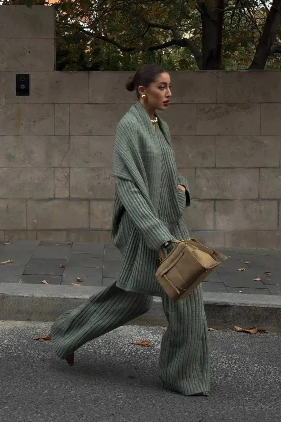 Ensemble En Maille Côtelée avec Pull Col Montant Et Pantalon Large pour Femme | Idéal pour L’Automne Et L’Hiver