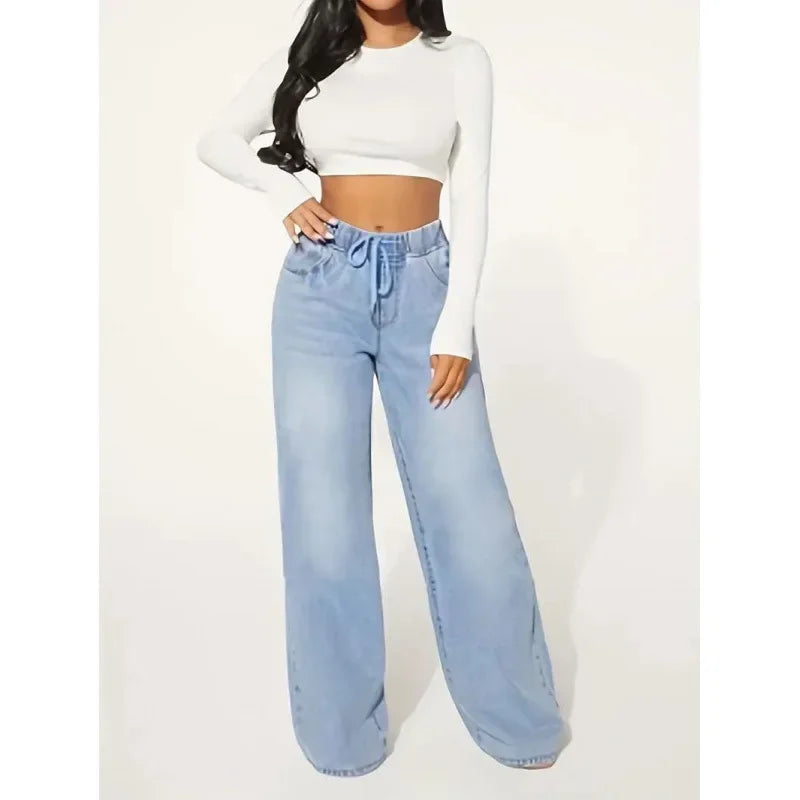 Jean Baggy Femme à Taille Haute avec Cordon Ajustable | Idéal pour un Usage Quotidien