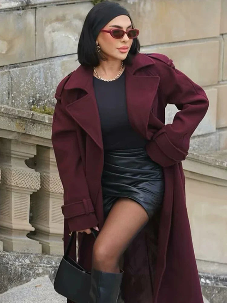 Manteau Long à Col Revers avec Double Boutonnage et Ceinture pour Femme | Idéal pour l’Automne et l’Hiver