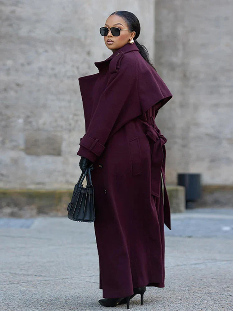 Manteau Long à Col Revers avec Double Boutonnage et Ceinture pour Femme | Idéal pour l’Automne et l’Hiver