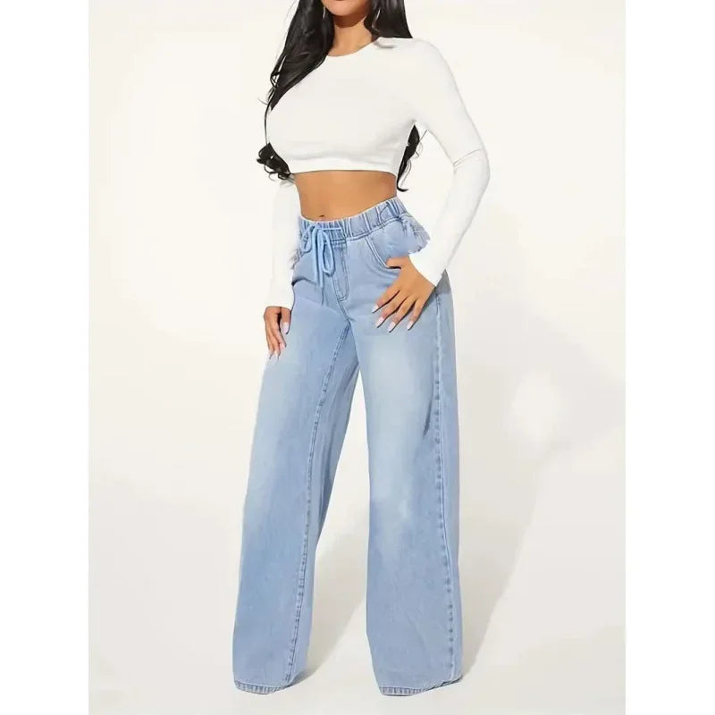 Jean Baggy Femme à Taille Haute avec Cordon Ajustable | Idéal pour un Usage Quotidien