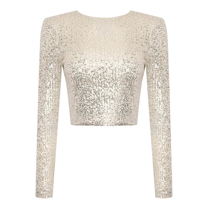 Haut Court à Manches Longues avec Détails à Sequins pour Femme | Idéal pour les Soirées et Sorties