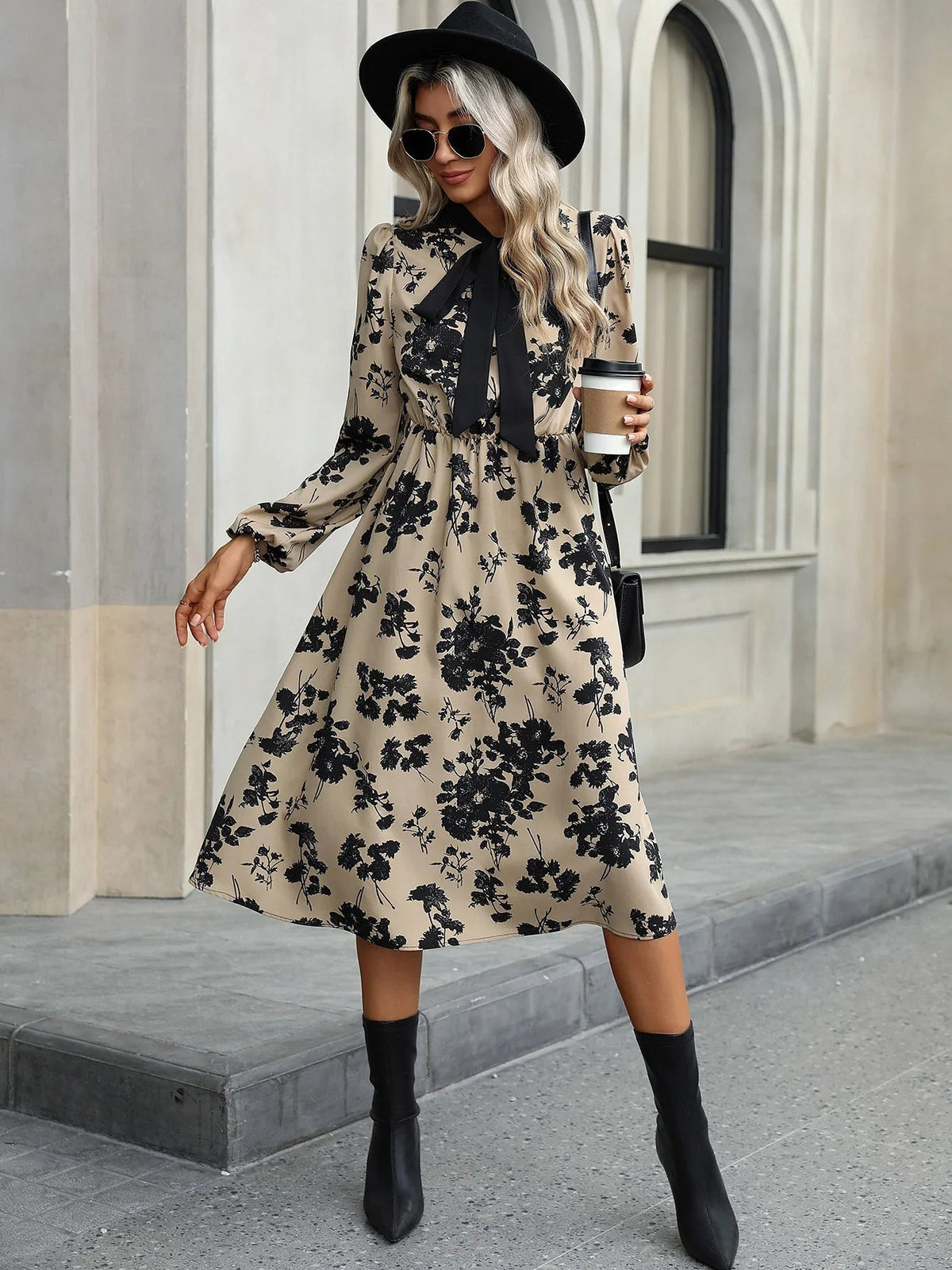 Robe Midi à Imprimé Floral avec Col Nœud pour Femme | Idéale pour Occasions Quotidiennes et Événements