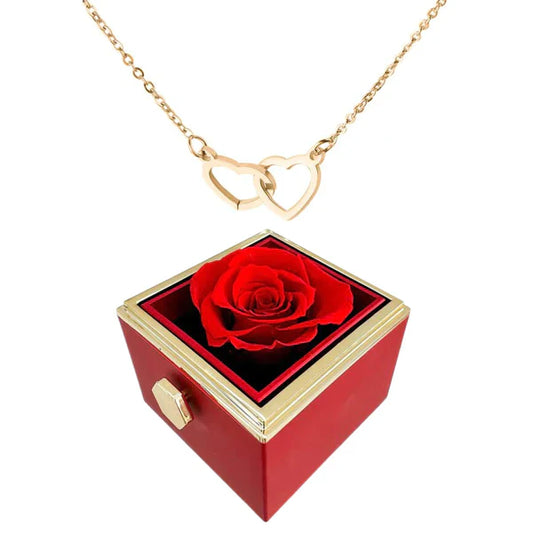 Boîte Cadeau avec Rose Préservée Et Collier Double Cœur | Idéale pour Offrir