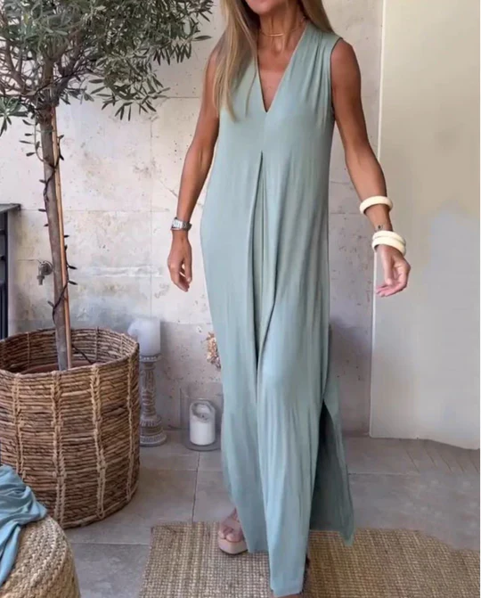 Robe Longue avec Décolleté en V et Coupe Décontractée pour Femme | Idéale pour les Vacances et Événements d'Été