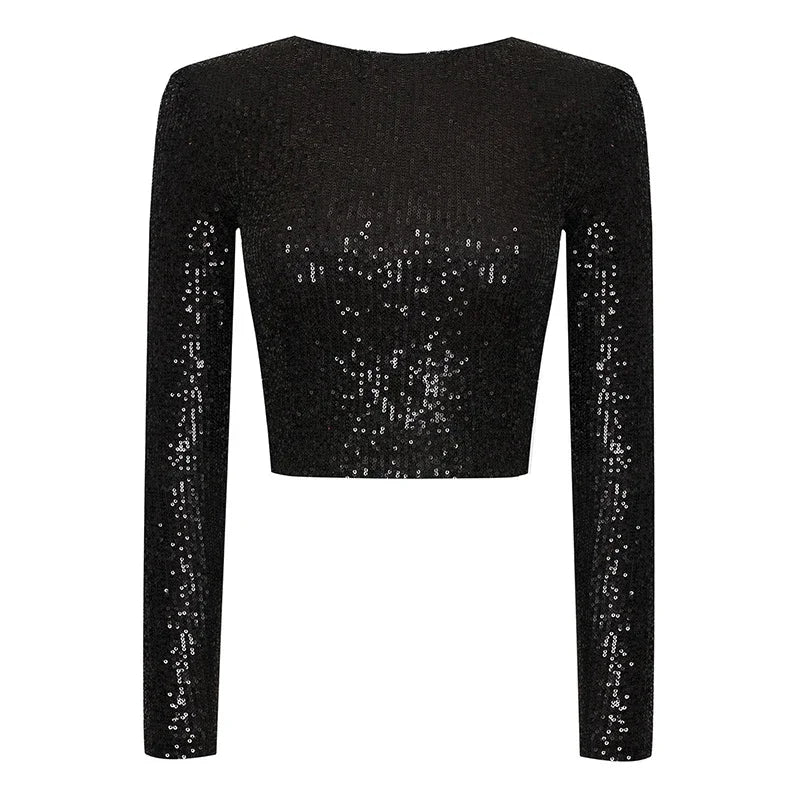 Haut Court à Manches Longues avec Détails à Sequins pour Femme | Idéal pour les Soirées et Sorties