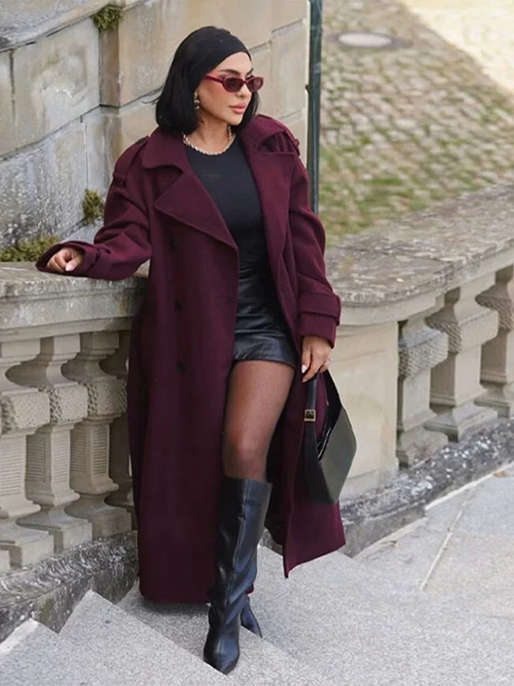 Manteau Long à Col Revers avec Double Boutonnage et Ceinture pour Femme | Idéal pour l’Automne et l’Hiver