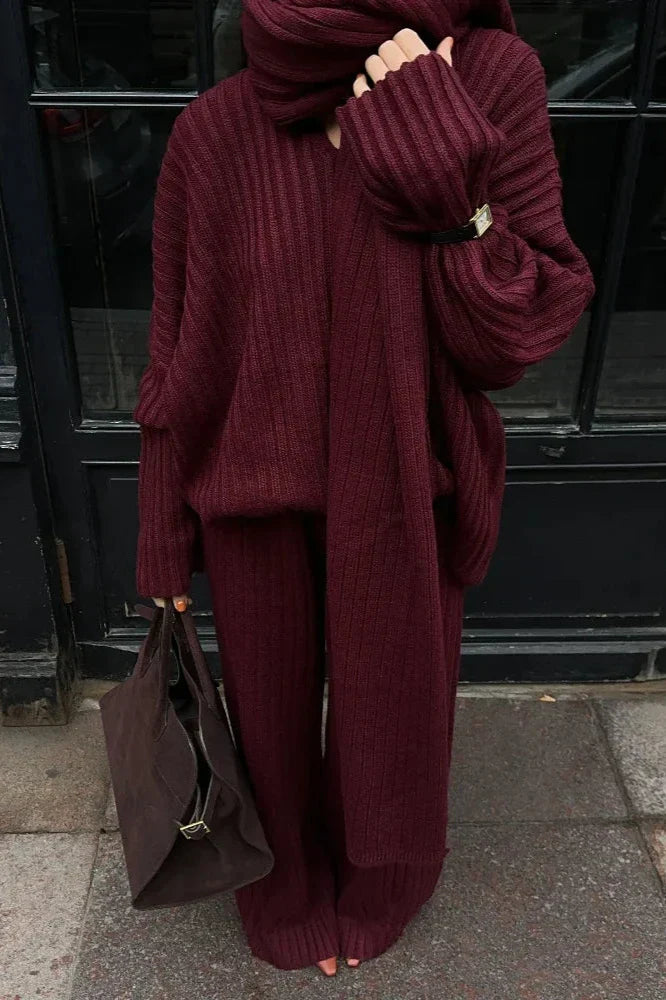 Ensemble En Maille Côtelée avec Pull Col Montant Et Pantalon Large pour Femme | Idéal pour L’Automne Et L’Hiver