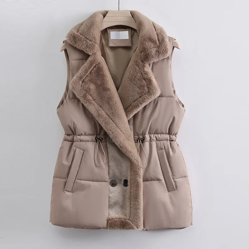 Gilet Matelassé à Col Imitation Fourrure pour Femme | Idéal pour la Saison Froide