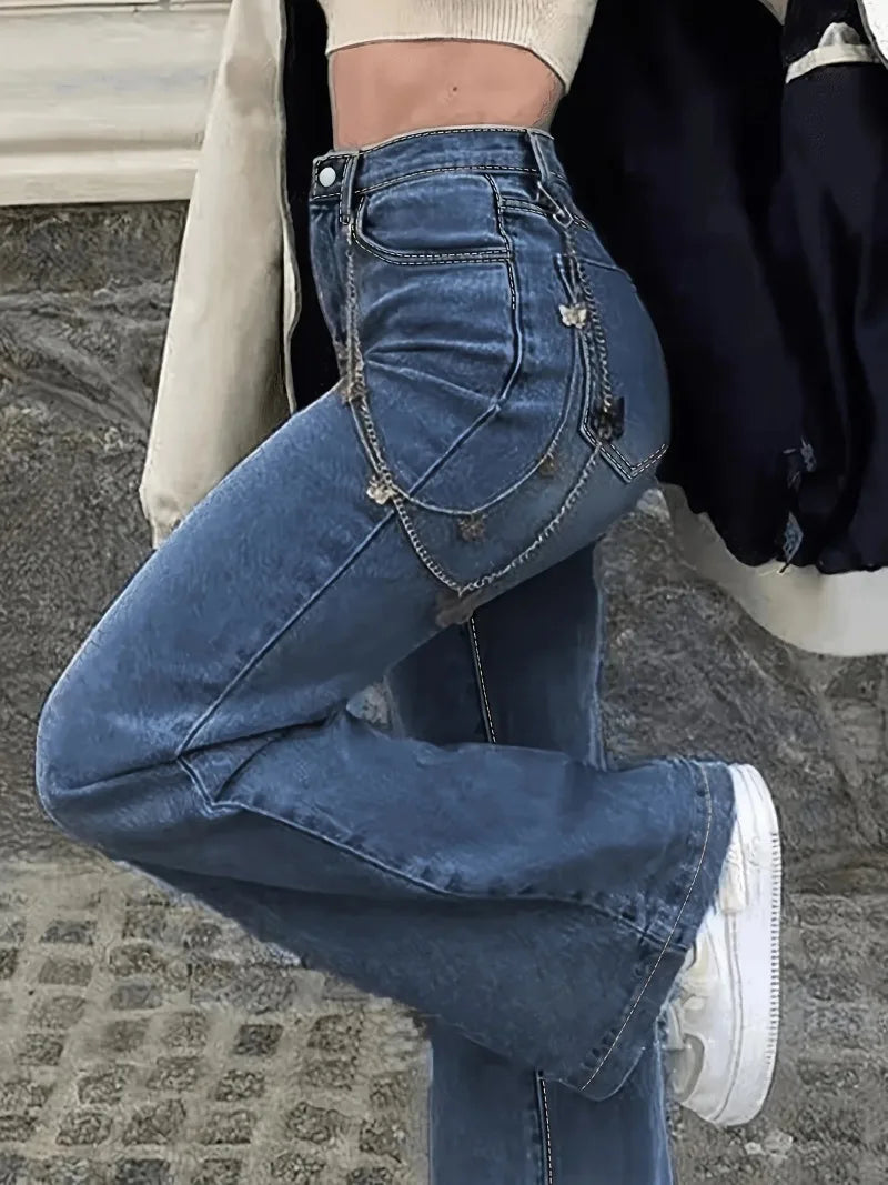 Jean Flare avec Taille Haute et Chaîne Amovible pour Femme | Idéal pour le Quotidien