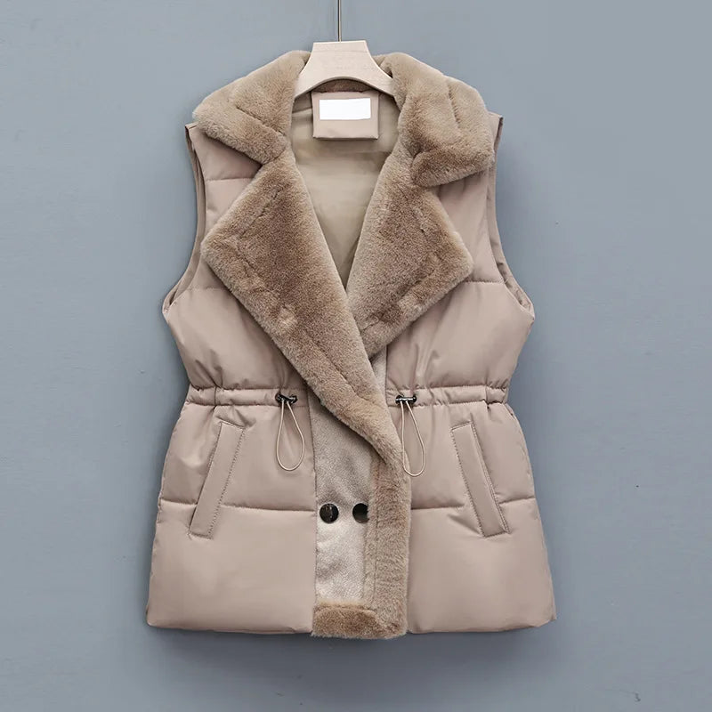 Gilet Matelassé à Col Imitation Fourrure pour Femme | Idéal pour la Saison Froide